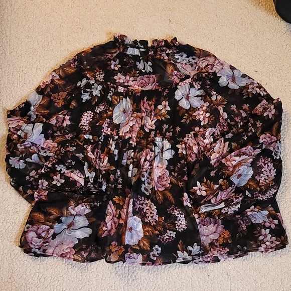 NWT Anthropologie o.p.t. Floral Ruffled Detailed Long Sleeve Blouse in Black - Picture 3 of 12